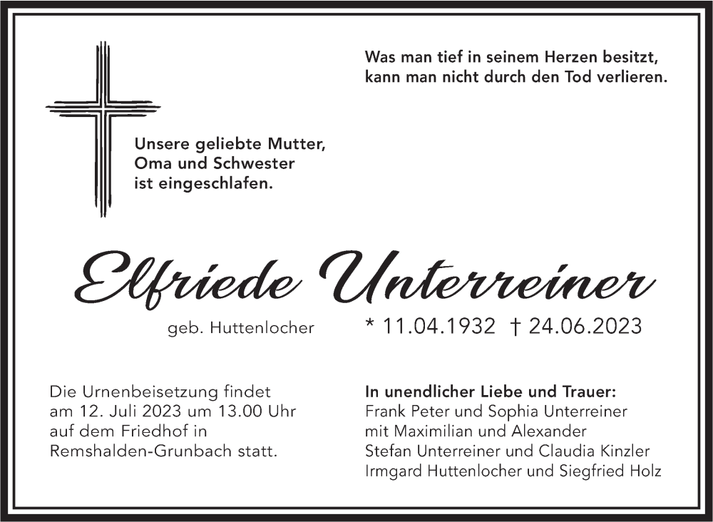  Traueranzeige für Elfriede Unterreiner vom 05.07.2023 aus Stuttgarter Zeitung / Stuttgarter Nachrichten