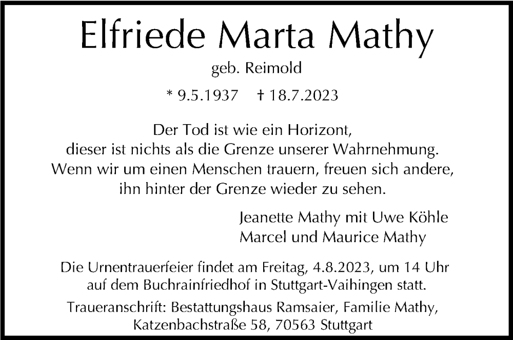  Traueranzeige für Elfriede Marta Mathy vom 29.07.2023 aus Stuttgarter Zeitung / Stuttgarter Nachrichten