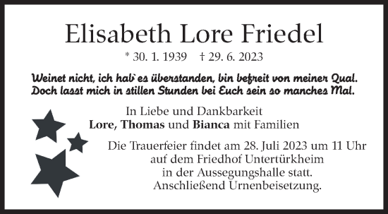 Traueranzeige von Elisabeth Lore Friedel von Stuttgarter Zeitung / Stuttgarter Nachrichten