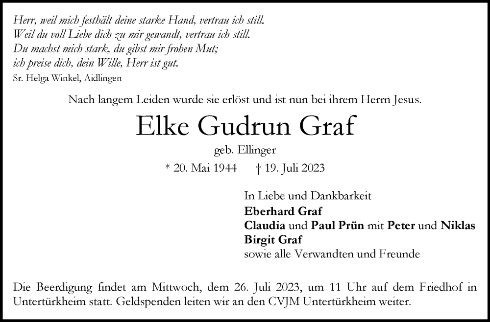  Traueranzeige für Elke Gudrun Graf vom 22.07.2023 aus Stuttgarter Zeitung / Stuttgarter Nachrichten
