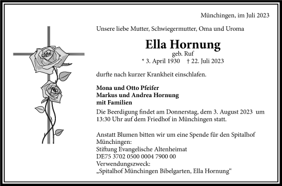 Traueranzeige von Ella Hornung von Stuttgarter Zeitung / Stuttgarter Nachrichten