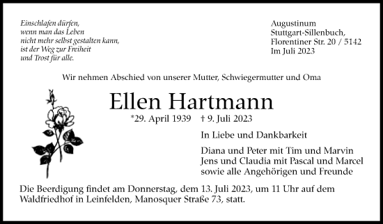 Traueranzeige von Ellen Hartmann von Stuttgarter Zeitung / Stuttgarter Nachrichten