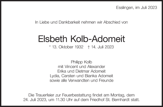 Traueranzeige von Elsbeth Kolb-Adomeit von Stuttgarter Zeitung / Stuttgarter Nachrichten