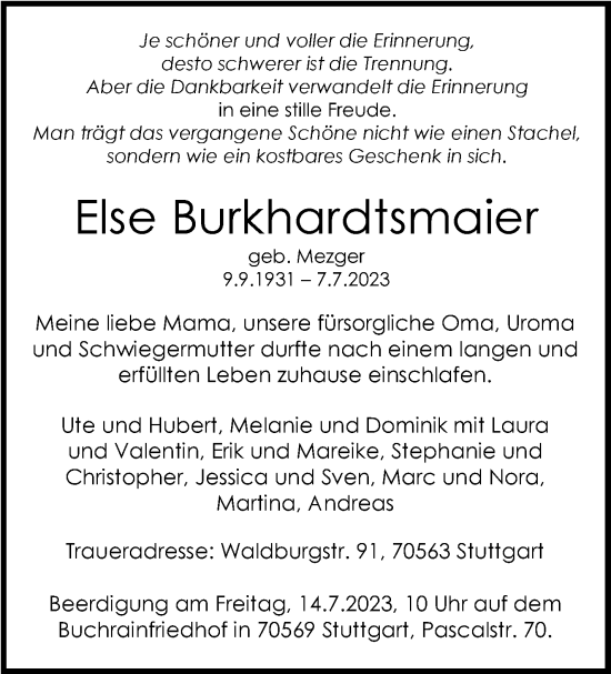 Traueranzeige von Else Burkhardtsmaier von Stuttgarter Zeitung / Stuttgarter Nachrichten