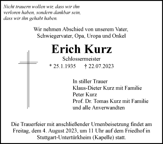 Traueranzeige von Erich Kurz von Stuttgarter Zeitung / Stuttgarter Nachrichten