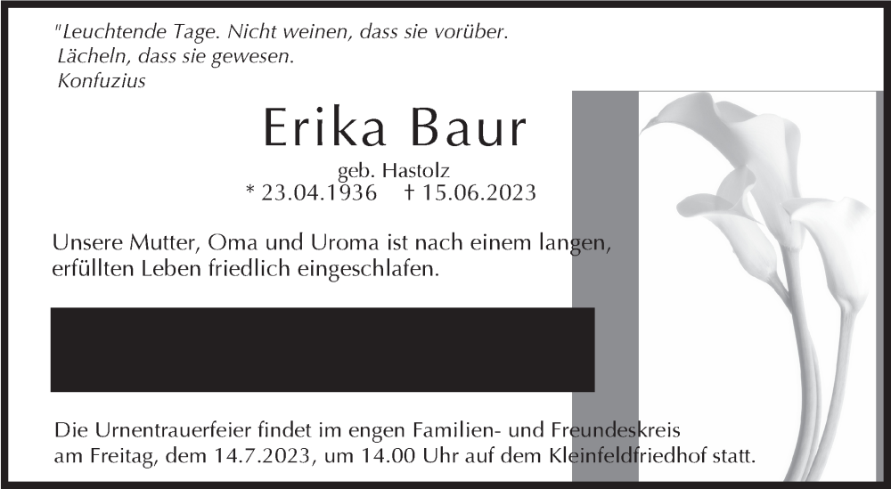  Traueranzeige für Erika Baur vom 07.07.2023 aus Stuttgarter Zeitung / Stuttgarter Nachrichten