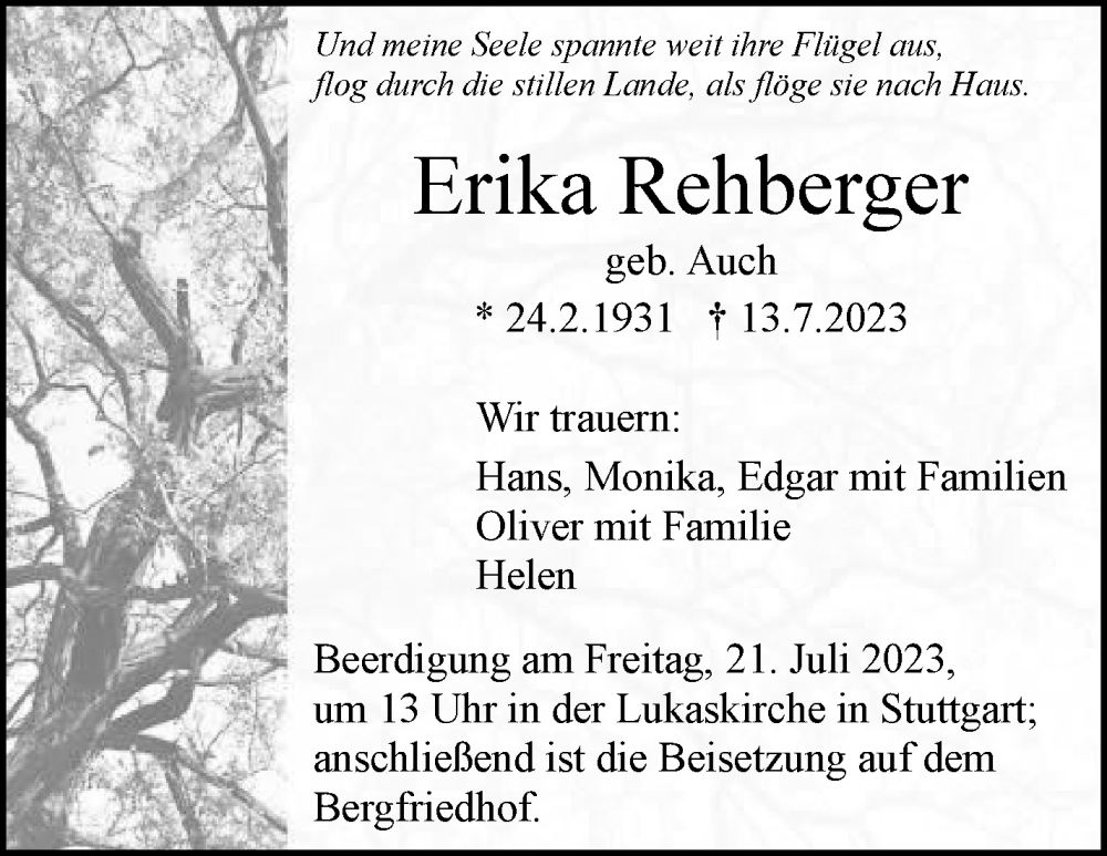  Traueranzeige für Erika Rehberger vom 18.07.2023 aus Stuttgarter Zeitung / Stuttgarter Nachrichten