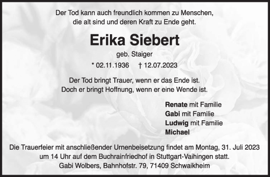 Traueranzeige von Erika Siebert von Stuttgarter Zeitung / Stuttgarter Nachrichten