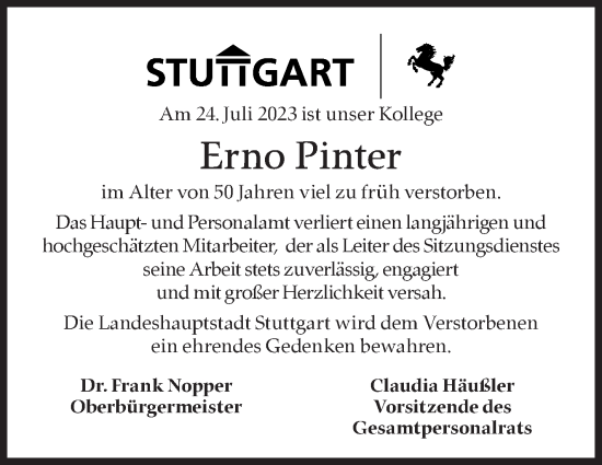 Traueranzeige von Erno Pinter von Stuttgarter Zeitung / Stuttgarter Nachrichten