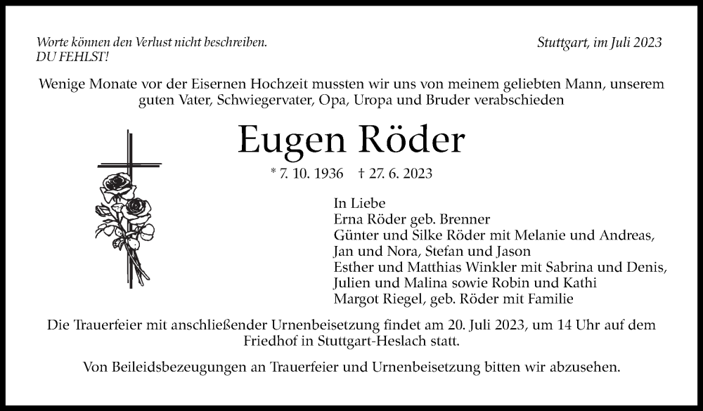  Traueranzeige für Eugen Röder vom 15.07.2023 aus Stuttgarter Zeitung / Stuttgarter Nachrichten