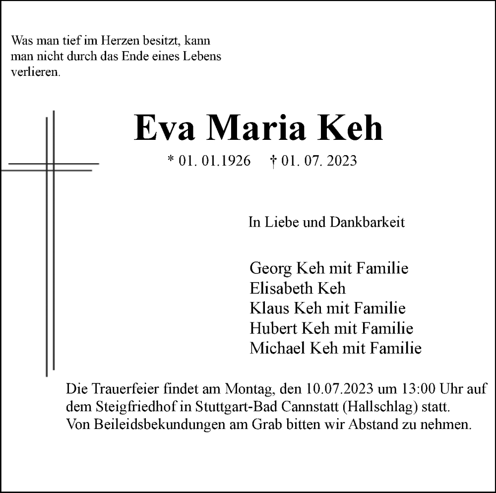  Traueranzeige für Eva Maria Keh vom 08.07.2023 aus Stuttgarter Zeitung / Stuttgarter Nachrichten