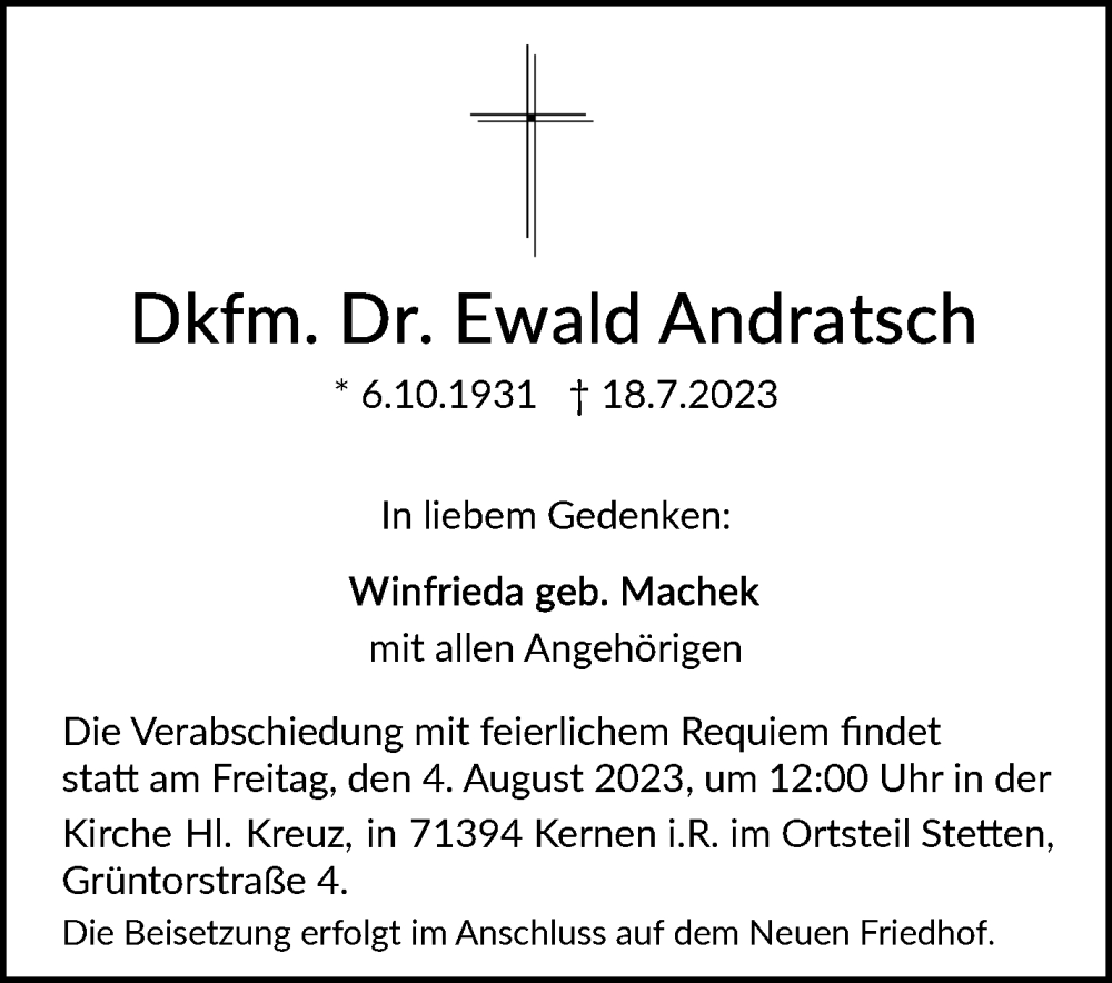  Traueranzeige für Ewald Andratsch vom 29.07.2023 aus Stuttgarter Zeitung / Stuttgarter Nachrichten