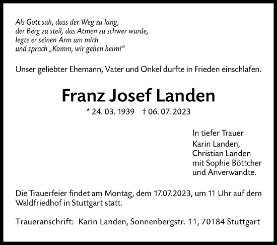 Traueranzeige von Franz Josef Landen von Stuttgarter Zeitung / Stuttgarter Nachrichten