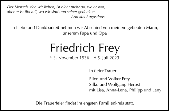 Traueranzeige von Friedrich Frey von Stuttgarter Zeitung / Stuttgarter Nachrichten
