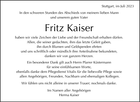 Traueranzeige von Fritz Kaiser von Stuttgarter Zeitung / Stuttgarter Nachrichten