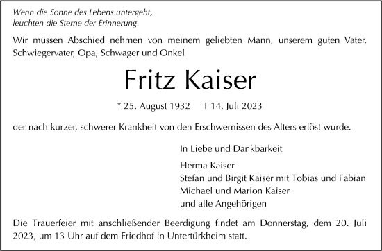 Traueranzeige von Fritz Kaiser von Stuttgarter Zeitung / Stuttgarter Nachrichten