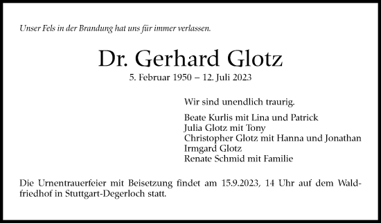 Traueranzeige von Gerhard Glotz  von Stuttgarter Zeitung / Stuttgarter Nachrichten