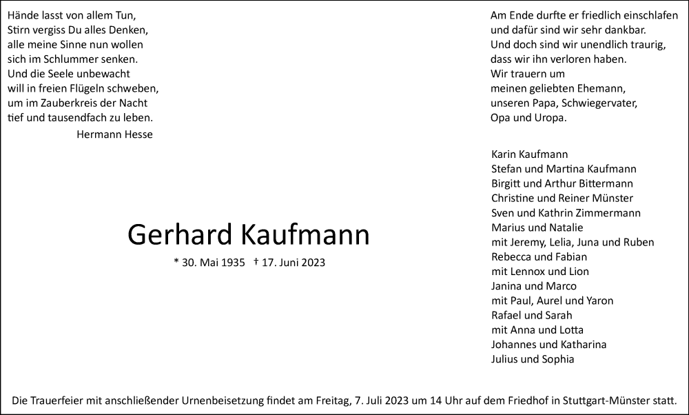  Traueranzeige für Gerhard Kaufmann vom 01.07.2023 aus Stuttgarter Zeitung / Stuttgarter Nachrichten