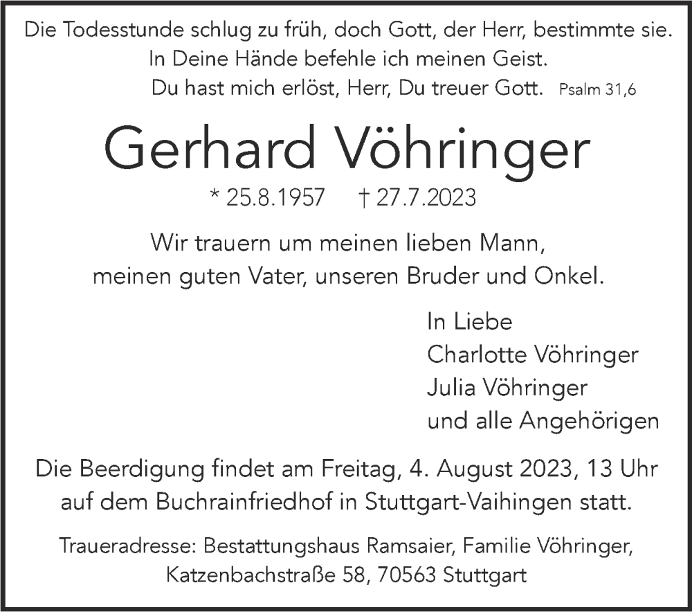  Traueranzeige für Gerhard Vöhringer vom 29.07.2023 aus Stuttgarter Zeitung / Stuttgarter Nachrichten