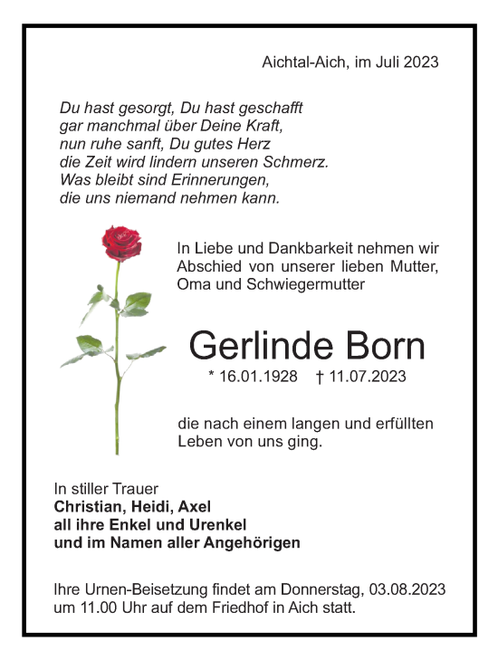 Traueranzeige von Gerlinde Born von Stuttgarter Zeitung / Stuttgarter Nachrichten