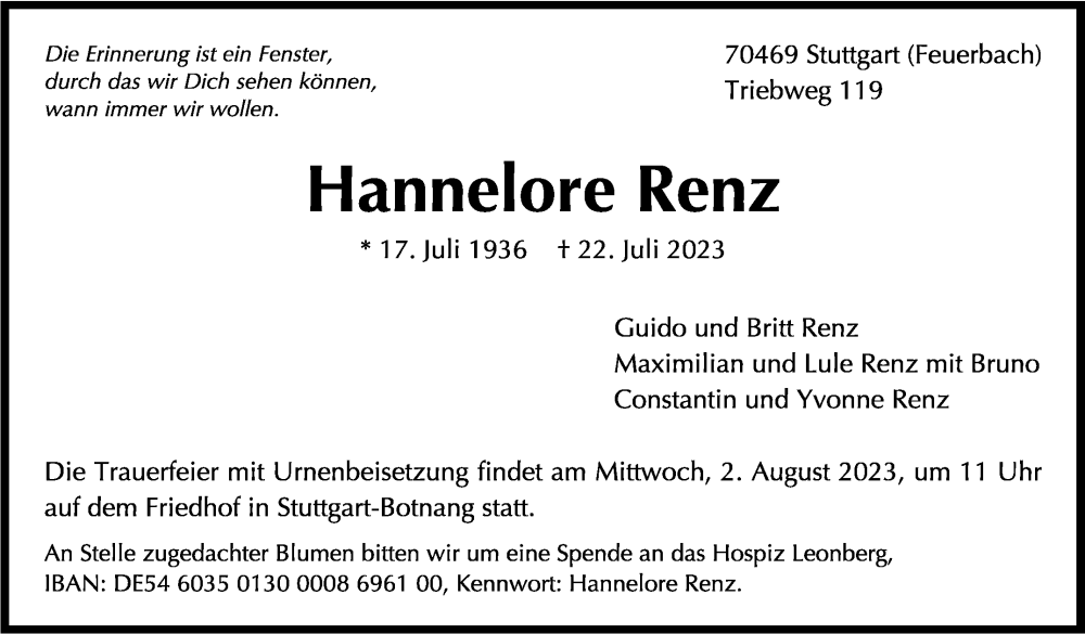  Traueranzeige für Hannelore Renz vom 29.07.2023 aus Stuttgarter Zeitung / Stuttgarter Nachrichten