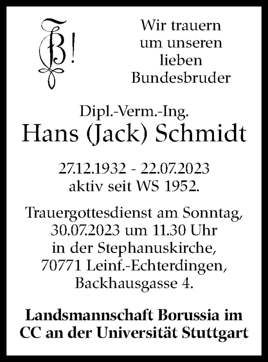 Traueranzeige von Hans Schmidt von Stuttgarter Zeitung / Stuttgarter Nachrichten