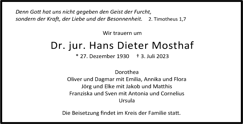  Traueranzeige für Hans Dieter Mosthaf vom 08.07.2023 aus Stuttgarter Zeitung / Stuttgarter Nachrichten