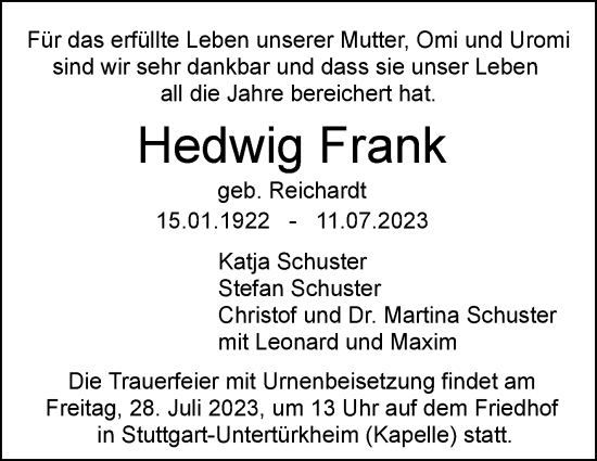 Traueranzeige von Hedwig Frank von Stuttgarter Zeitung / Stuttgarter Nachrichten