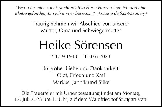 Traueranzeige von Heike Sörensen von Stuttgarter Zeitung / Stuttgarter Nachrichten