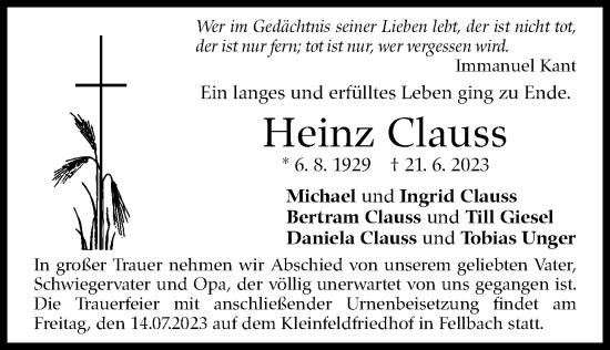 Traueranzeige von Heinz Clauss von Stuttgarter Zeitung / Stuttgarter Nachrichten