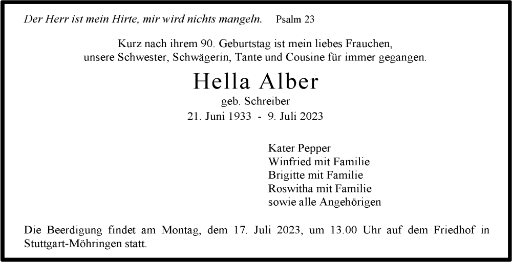 Traueranzeige für Hella Alber vom 13.07.2023 aus Stuttgarter Zeitung / Stuttgarter Nachrichten