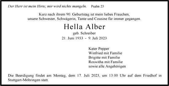 Traueranzeige von Hella Alber von Stuttgarter Zeitung / Stuttgarter Nachrichten