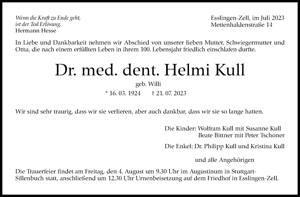  Traueranzeige für Helmi Kull vom 29.07.2023 aus Stuttgarter Zeitung / Stuttgarter Nachrichten
