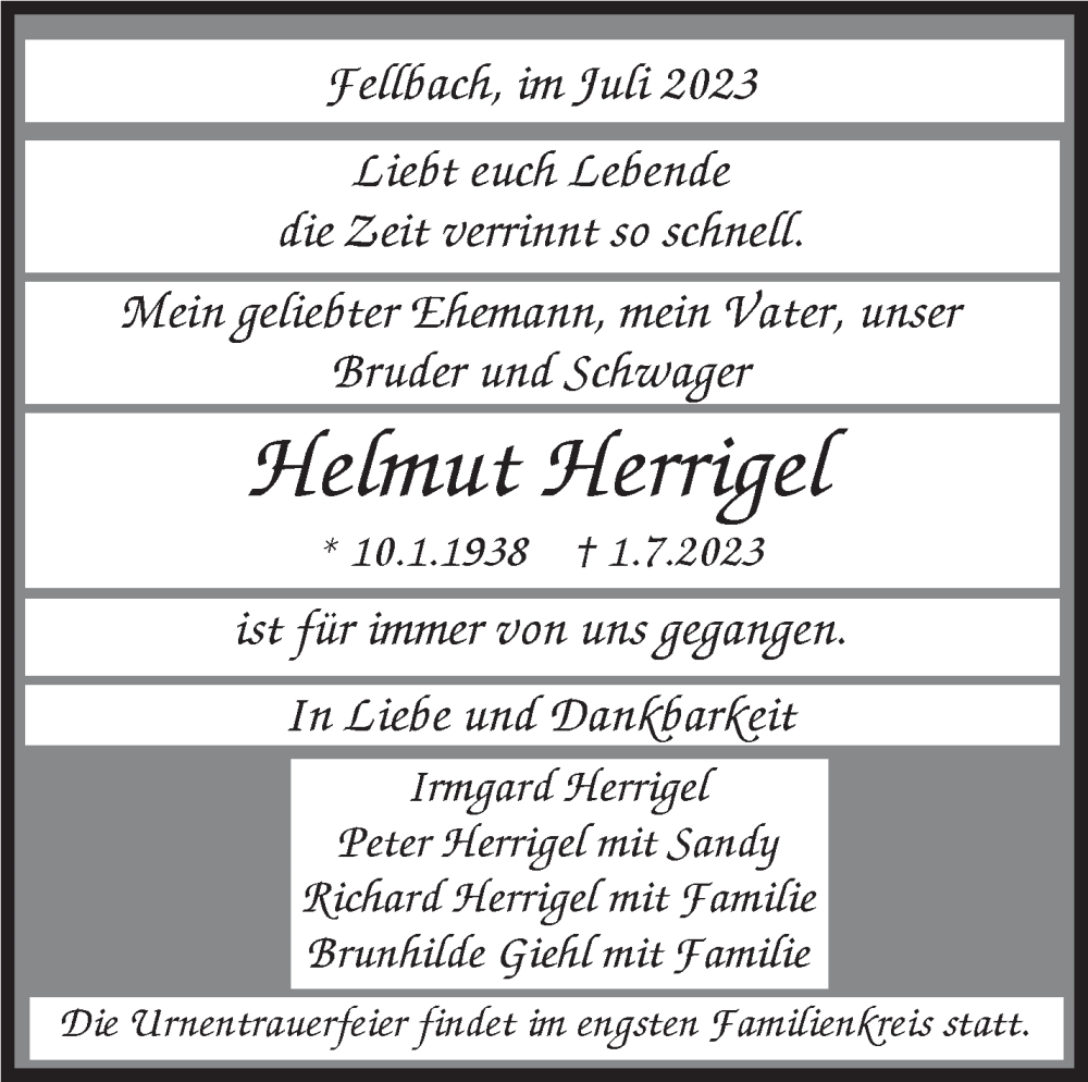  Traueranzeige für Helmut Herrigel vom 21.07.2023 aus Stuttgarter Zeitung / Stuttgarter Nachrichten