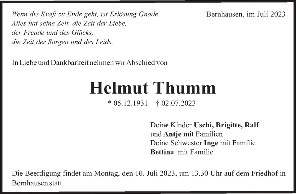  Traueranzeige für Helmut Thumm vom 07.07.2023 aus Stuttgarter Zeitung / Stuttgarter Nachrichten