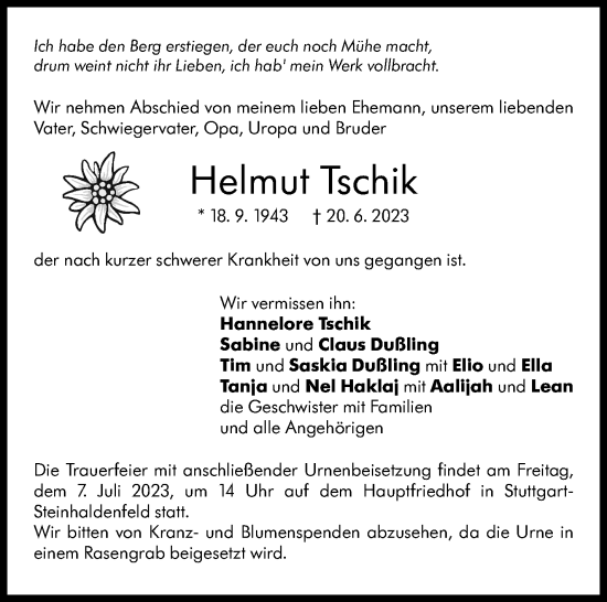 Traueranzeige von Helmut Tschik von Stuttgarter Zeitung / Stuttgarter Nachrichten