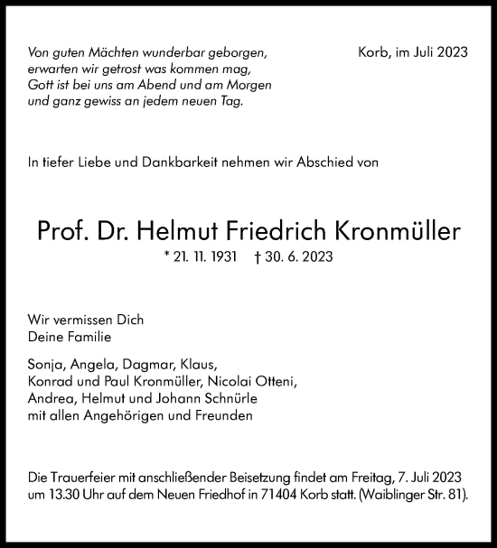Traueranzeige von Helmut Friedrich Kronmüller von Stuttgarter Zeitung / Stuttgarter Nachrichten