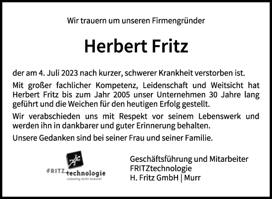 Traueranzeige von Herbert Fritz von Stuttgarter Zeitung / Stuttgarter Nachrichten