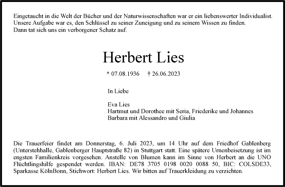  Traueranzeige für Herbert Lies vom 01.07.2023 aus Stuttgarter Zeitung / Stuttgarter Nachrichten