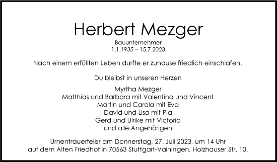 Traueranzeige von Herbert Mezger von Stuttgarter Zeitung / Stuttgarter Nachrichten