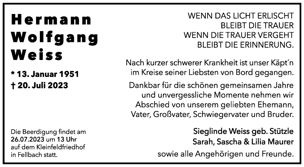  Traueranzeige für Hermann Weiss vom 25.07.2023 aus Stuttgarter Zeitung / Stuttgarter Nachrichten