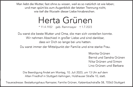 Traueranzeige von Herta Grünen von Stuttgarter Zeitung / Stuttgarter Nachrichten