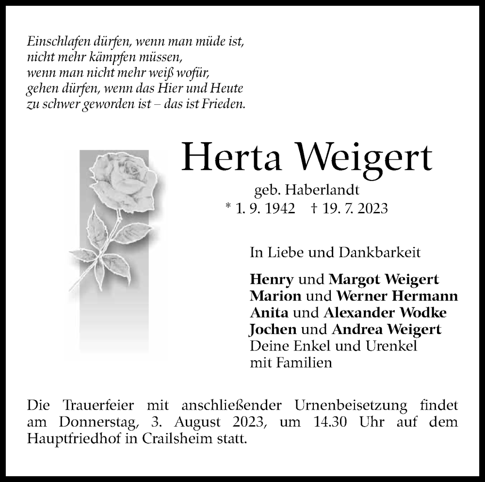  Traueranzeige für Herta Weigert vom 26.07.2023 aus Stuttgarter Zeitung / Stuttgarter Nachrichten