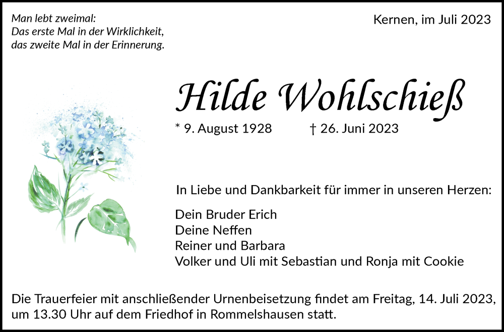  Traueranzeige für Hilde Wohlschieß vom 07.07.2023 aus Stuttgarter Zeitung / Stuttgarter Nachrichten