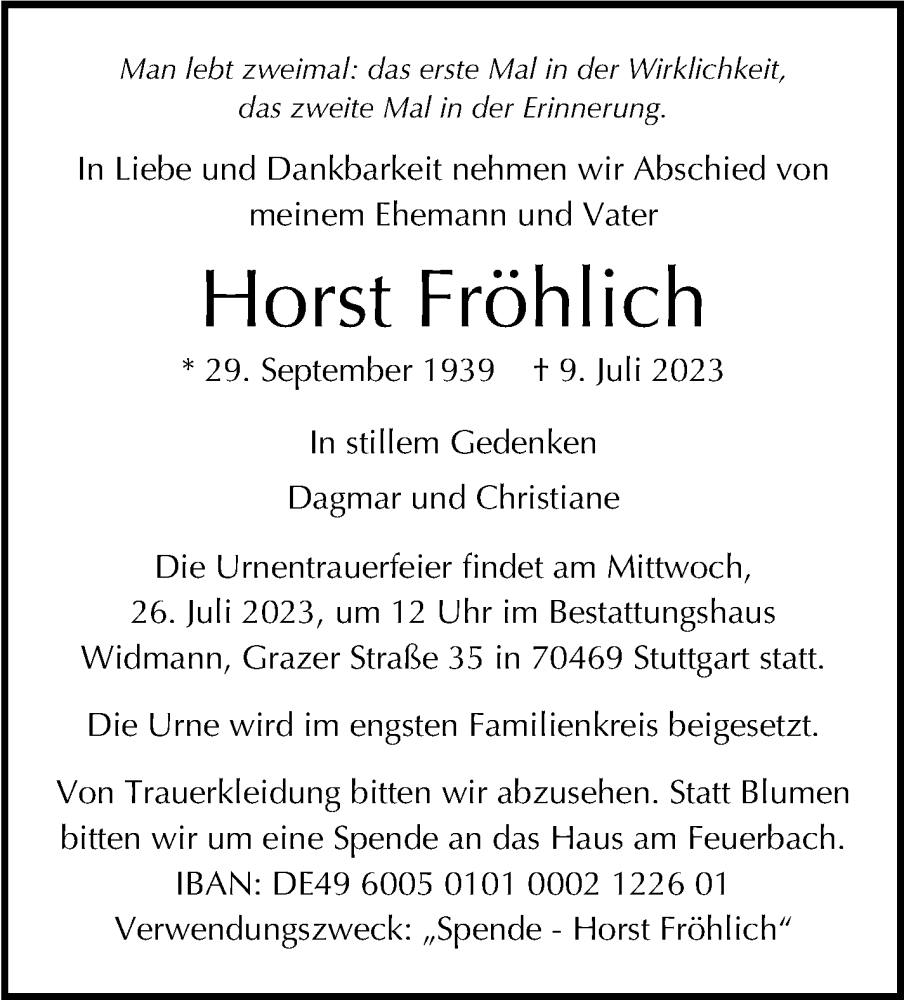  Traueranzeige für Horst Fröhlich vom 15.07.2023 aus Stuttgarter Zeitung / Stuttgarter Nachrichten