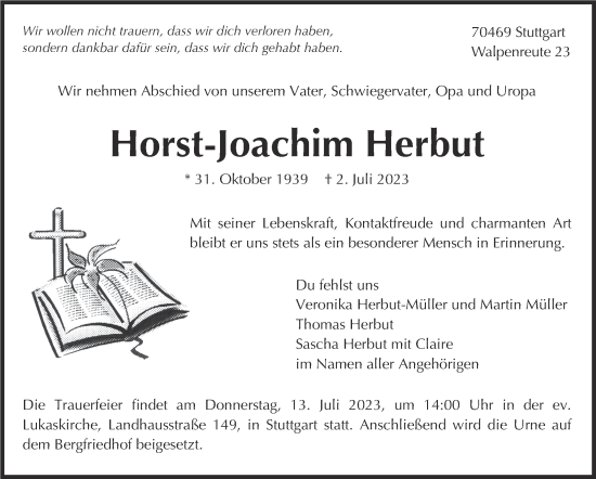 Traueranzeige von Horst-Joachim Herbut von Stuttgarter Zeitung / Stuttgarter Nachrichten
