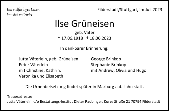 Traueranzeige von Ilse Grüneisen von Stuttgarter Zeitung / Stuttgarter Nachrichten
