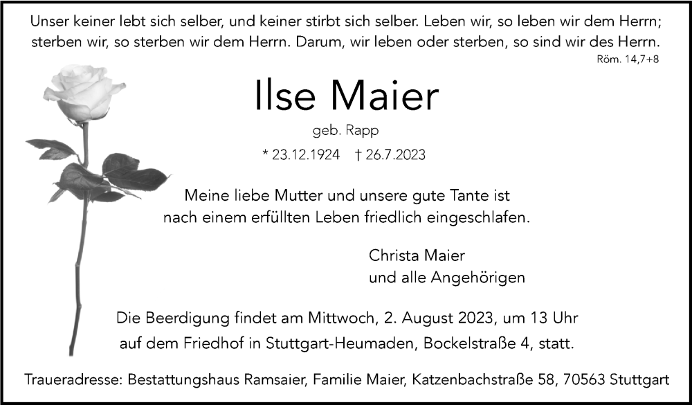  Traueranzeige für Ilse Maier vom 31.07.2023 aus Stuttgarter Zeitung / Stuttgarter Nachrichten
