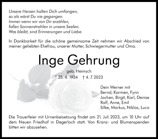 Traueranzeige von Inge Gehrung von Stuttgarter Zeitung / Stuttgarter Nachrichten