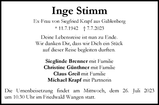Traueranzeige von Inge Stimm von Stuttgarter Zeitung / Stuttgarter Nachrichten